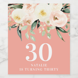 Peach waterverf floral 30th verjaardagsfeest wijn etiket