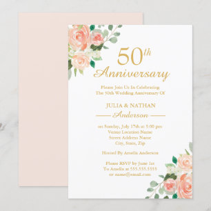 Peach Waterverf Floral 50th Wedding Jubileum Kaart