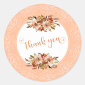 Peach Waterverf Floral Dank u Ronde Sticker (Voorkant)