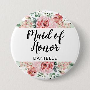 Peach Waterverf Floral Maid of Honor Monogrammed Ronde Button 7,6 Cm