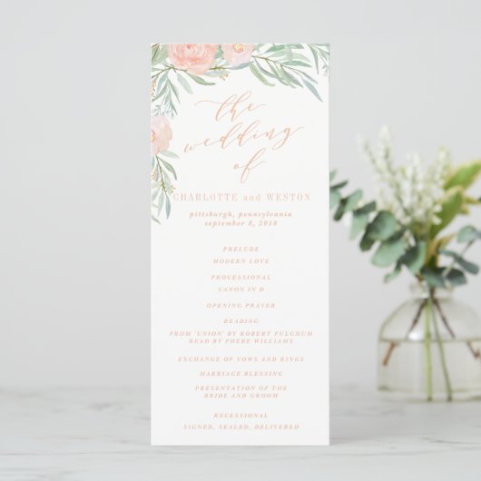 Peach Waterverf Flower Wedding Program Programma (Staand voorkant)