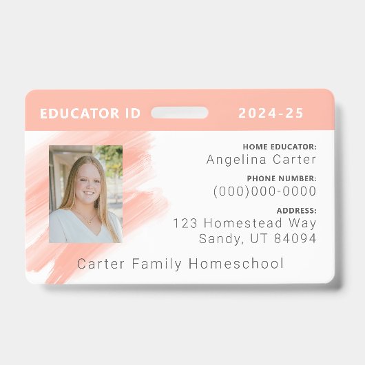 Peach Waterverf Homeschool Educator ID Badge (Front)