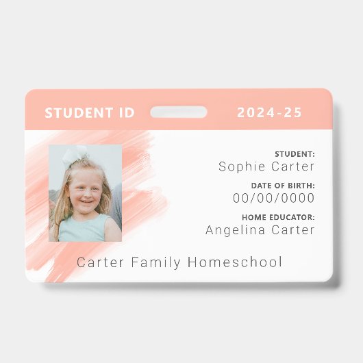 Peach Waterverf Homeschool Student ID Badge (Front)