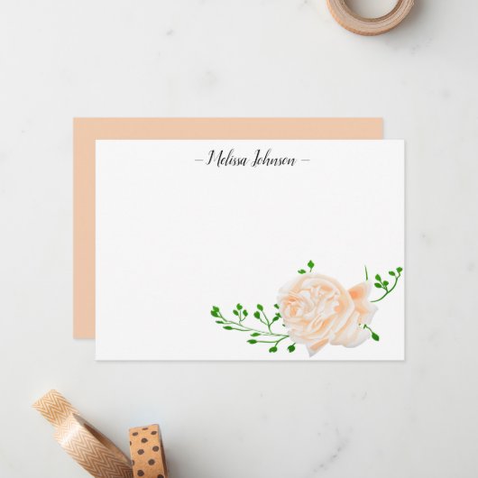 Peach Waterverf Roos gepersonaliseerd Notitiekaartje (Voorkant / Achterkant in situ)