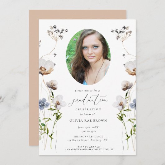 Peach Wildflower Calligraphy Afstuderen Invitation Kaart (Voorkant / Achterkant)