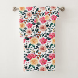 Peach Yellow roze Greenery Girly Floral Pattern Bad Handdoek