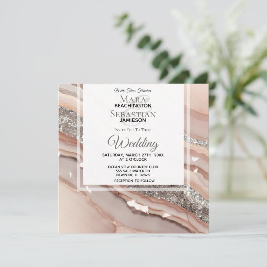 *~* Peach Zalm ZILVEREN AGAAT RSVP QR AR66 Bruilof Kaart (Staand voorkant)