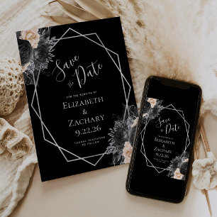 Peach Zilver Bloem Geo Zwart Save the Date