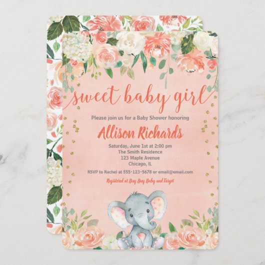 Peaches et crème éléphant invitations douche bébé (Devant / Derrière)
