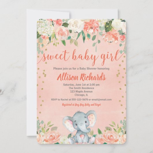 Peaches et crème éléphant invitations douche bébé (Devant)