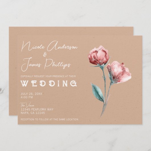 Peachy Beige Waterverf Bloemenbruiloft Kaart (Voorkant / Achterkant)