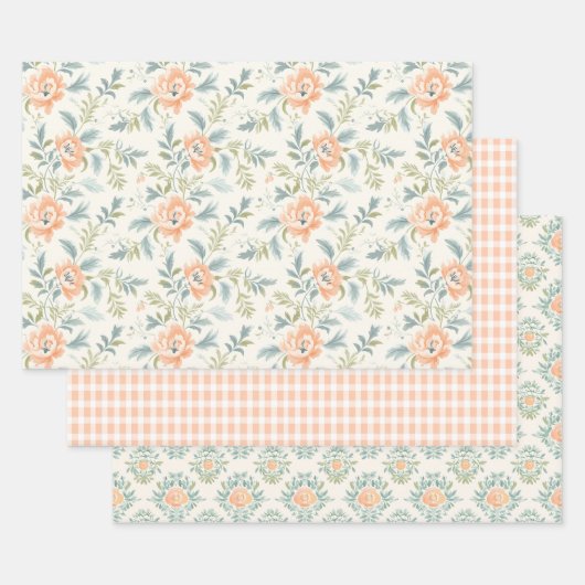 Peachy Blossoms Floral Gingham Wrapping Paper (Set)