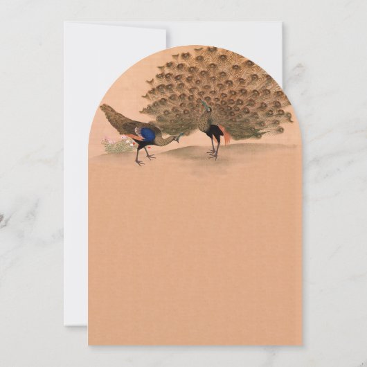 Peachy Coral Peacock Wedding Invitations Kaart (Achterkant)