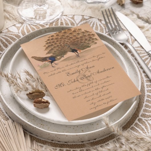 Peachy Coral Peacock Wedding Invitations Kaart
