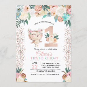 Peachy Owl Eerste Verjaardag Uitnodiging