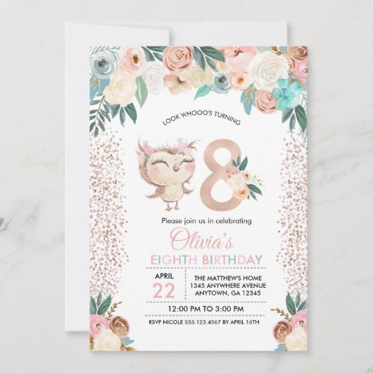 Peachy Owl Huitième invitation anniversaire (Devant)