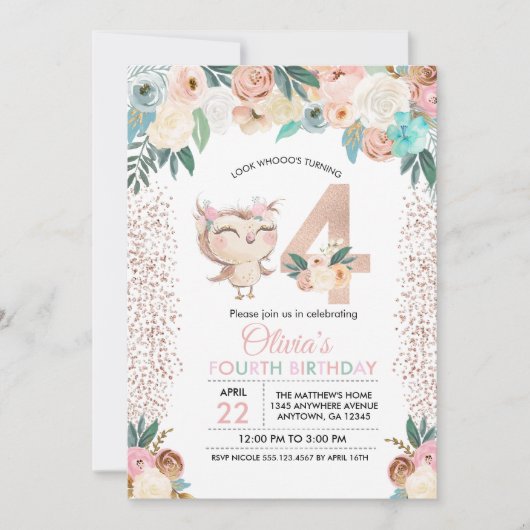 Peachy Owl Invitation du quatrième anniversaire (Devant)