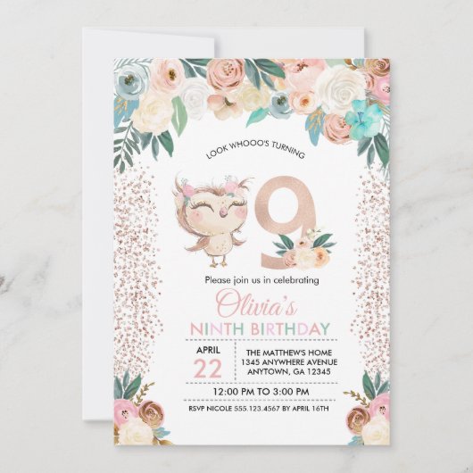 Peachy Owl Ninth Birthday Invitation (Devant)