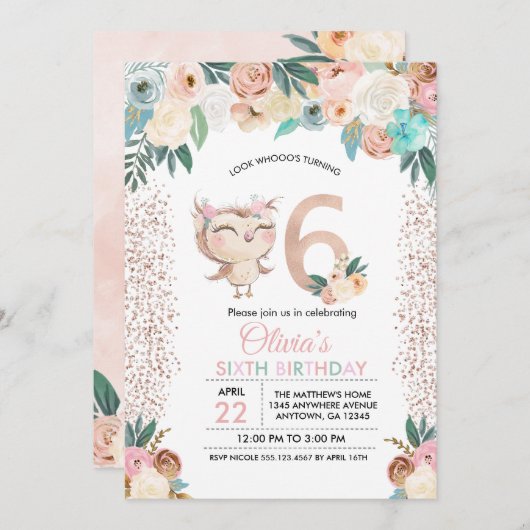 Peachy Owl Zesde verjaardag uitnodiging (Voorkant / Achterkant)