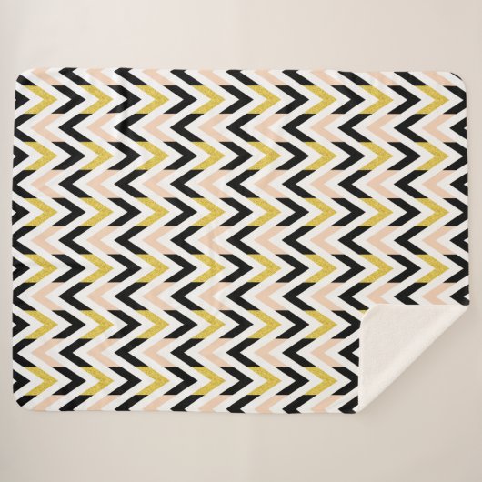 Peachy Pink, Black, Gold en White Chevron Pattern Sherpa Deken (Voorkant (horizontaal))