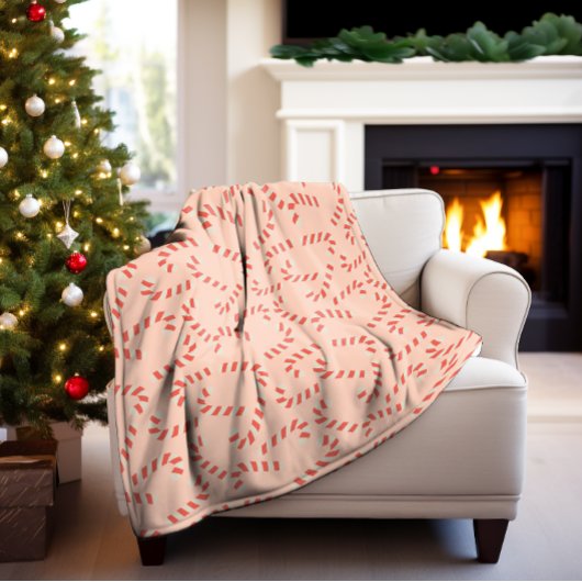 Peachy Pink Christmas Candy Canes Fleece Deken