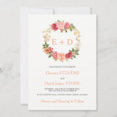 Peachy roze gouden rozen krans bruiloft monogram kaart (Voorkant)