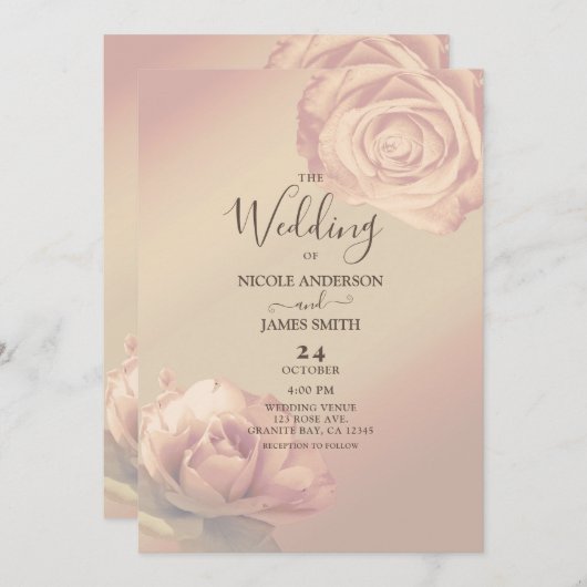 Peachy Roze Rozen Elegant Bloemen Bruiloft Kaart (Voorkant / Achterkant)