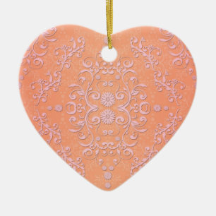 Peachy Sinaasappel en Bord Roze Damask Keramisch Ornament