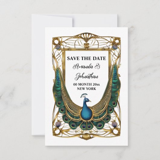 Peacock abstracte art nouveau lijst decoratief save the date (Voorkant)