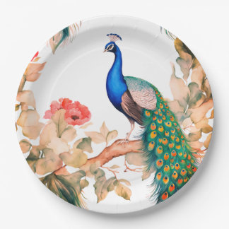 Peacock and Flowers Paper Party Plates Papieren Bordje