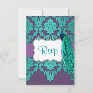 Peacock Aqua en Paarse Damask Wedding RSVP-kaarten RSVP Kaartje