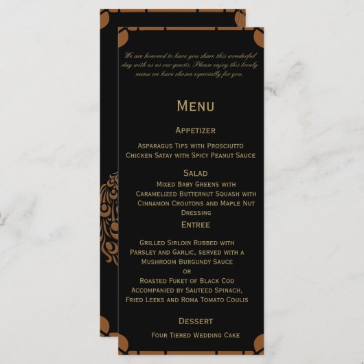 Peacock Art Déco Bronze et menu Mariage Floral (Devant / Derrière)