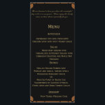 Peacock Art Déco Bronze et menu Mariage Floral<br><div class="desc">Ce magnifique et élégant design, appelé Peacock Art Déco Bronze et Mariage Floral, a un arrière - plan noir. Un cadre art déco aux accents floraux se trouve sur la gauche, tout en bronze. Un paon stylisé avec ses belles plumes de queue - encore en bronze contre le noir -...</div>