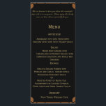 Peacock Art Déco Bronze et menu Mariage Floral<br><div class="desc">Ce magnifique et élégant design, appelé Peacock Art Déco Bronze et Mariage Floral, a un arrière - plan noir. Un cadre art déco aux accents floraux se trouve sur la gauche, tout en bronze. Un paon stylisé avec ses belles plumes de queue - encore en bronze contre le noir -...</div>