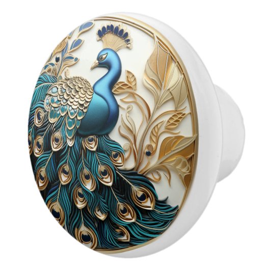 Peacock Art Deco Elegant Goud Turquoise Keramische Knop (Rechts)