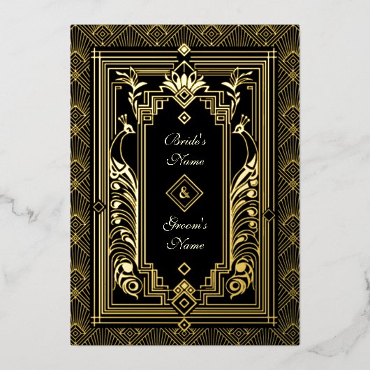 Peacock Art Déco Faire-part de mariage Real Gold F (Recto)