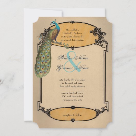 Peacock Art Deco Playbill Weddenschap Kaart (Voorkant)
