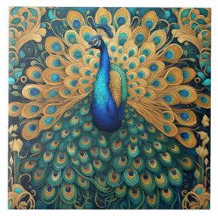 Peacock Art Nouveau Art Deco Turquoise & Goud Tegeltje