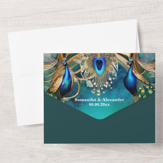 Peacock art nouveau  retro luxe all in one uitnodiging (Achterkant)