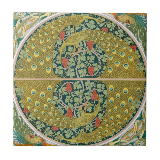 Peacock Art Nouveau Stijl rond ingewikkeld ontwerp Tegeltje (Voorkant)
