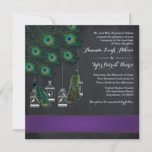 Peacock Banded Violet Plumes Mariage Invitations (Devant)