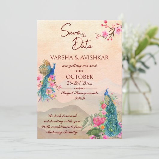 Peacock bewaar de datum sjabloon uitnodiging (Staand voorkant)