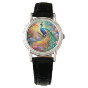 Peacock Bird 100 met bloemen Horloge