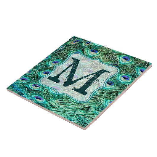 Peacock Bird Feather Blauwgroen Monogram Display T Tegeltje (Zijkant)