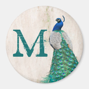 Peacock Bird Feather Blauwgroen Monogram Initiaal Magneet