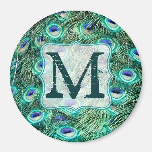 Peacock Bird Feather Blauwgroen Monogram Initiaal Magneet (Voorkant)