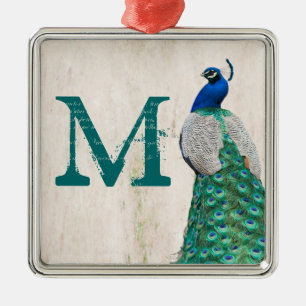 Peacock Bird Feather Tea Monogram Initiaal Metalen Ornament