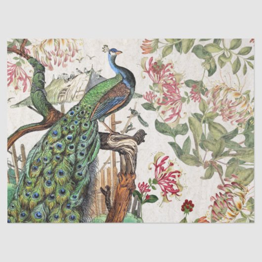 Peacock Birds Honeysuckle Flowers Tissue Paper Tissuepapier (Voorkant)