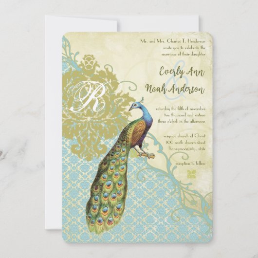 peacock Birds Lagoon Endive Damask Wedding Kaart (Voorkant)