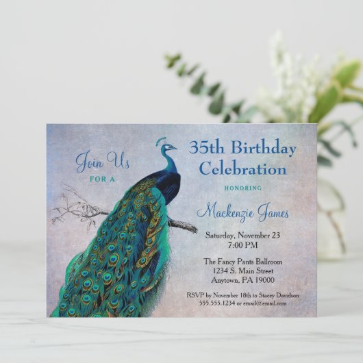 Peacock Birthday Uitnodiging blauwe vogel (Staand voorkant)